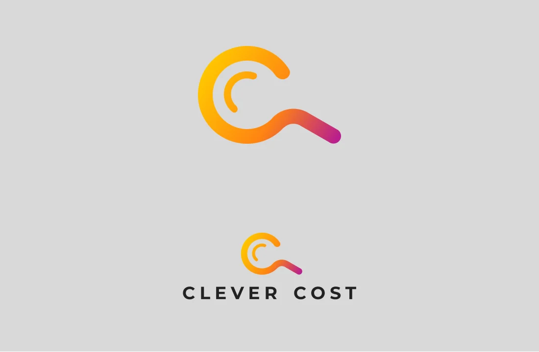 Orange-to-magenta gradient C shaped like a magnifying glass, with a spaced CLEVER COST wordmark