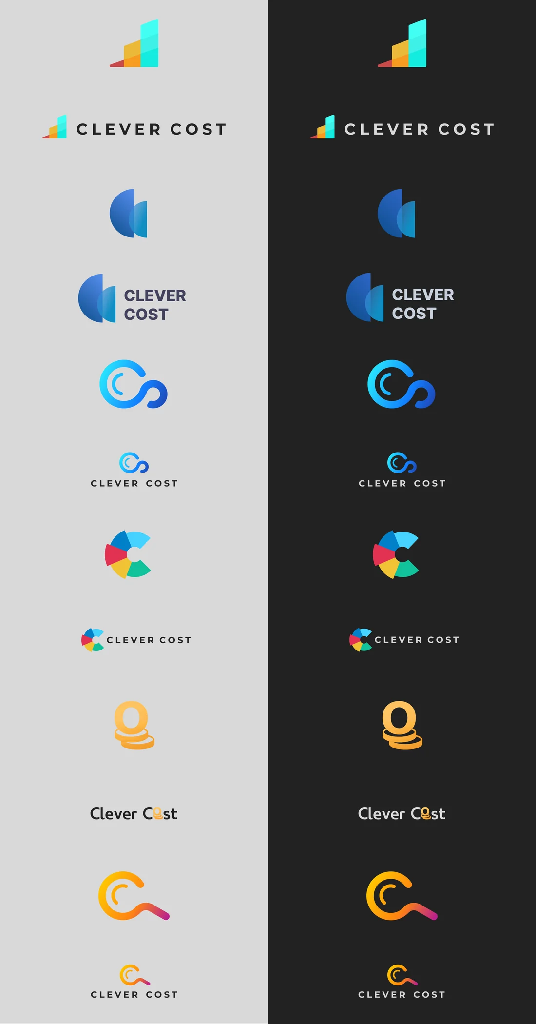 Sheet of six refined logo candidates shown on light and dark backgrounds