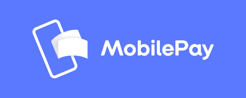 The MobilePay logo: a white phone outline and folded card with wordmark on a blue background