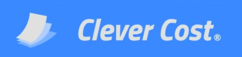 The original Clever Cost logo: white stacked paper sheets and italic wordmark on a blue background