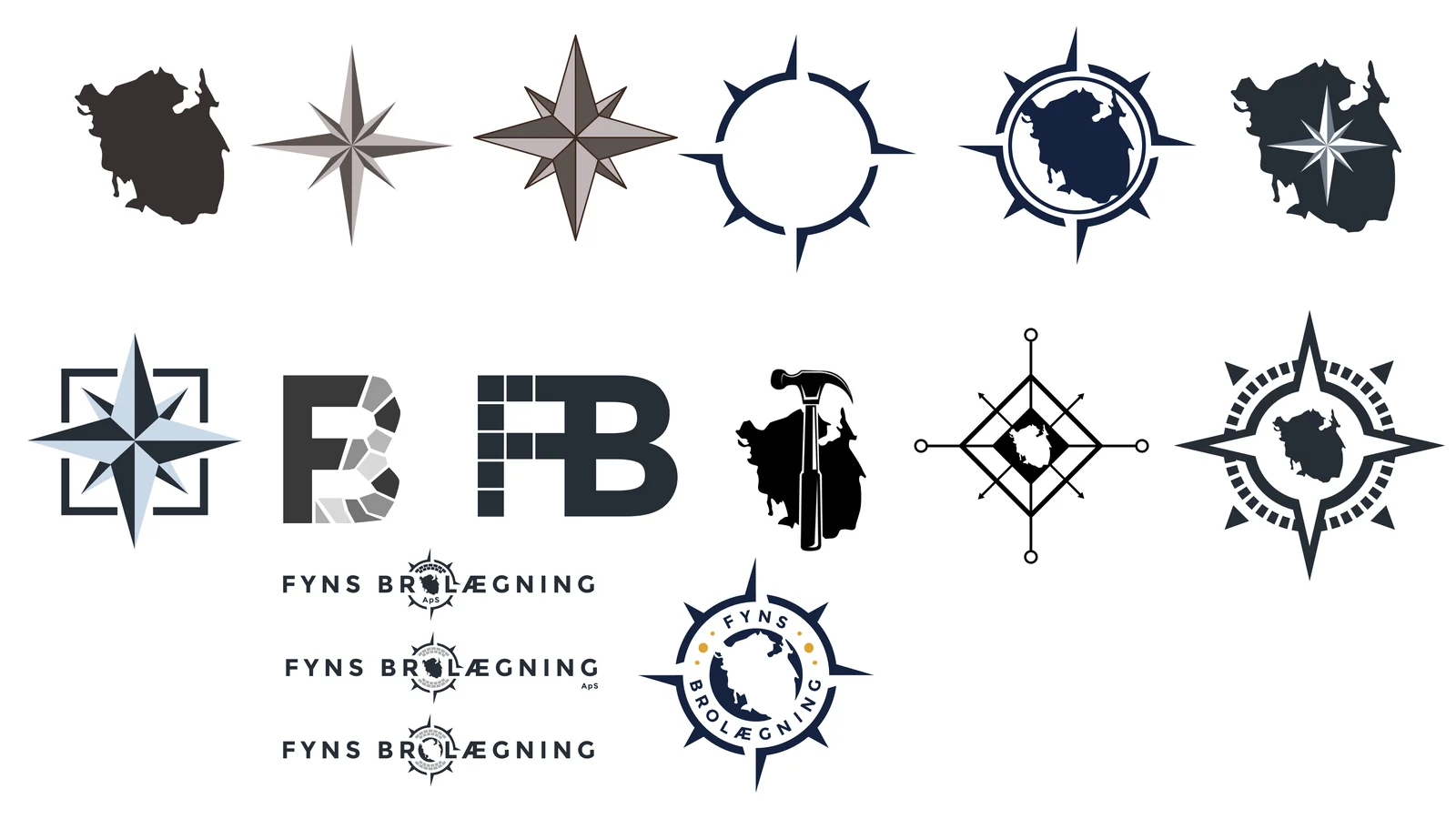 Sheet of early symbol explorations: silhouettes of Funen, compass roses, paving-stone patterns, FB monograms and first combined emblems
