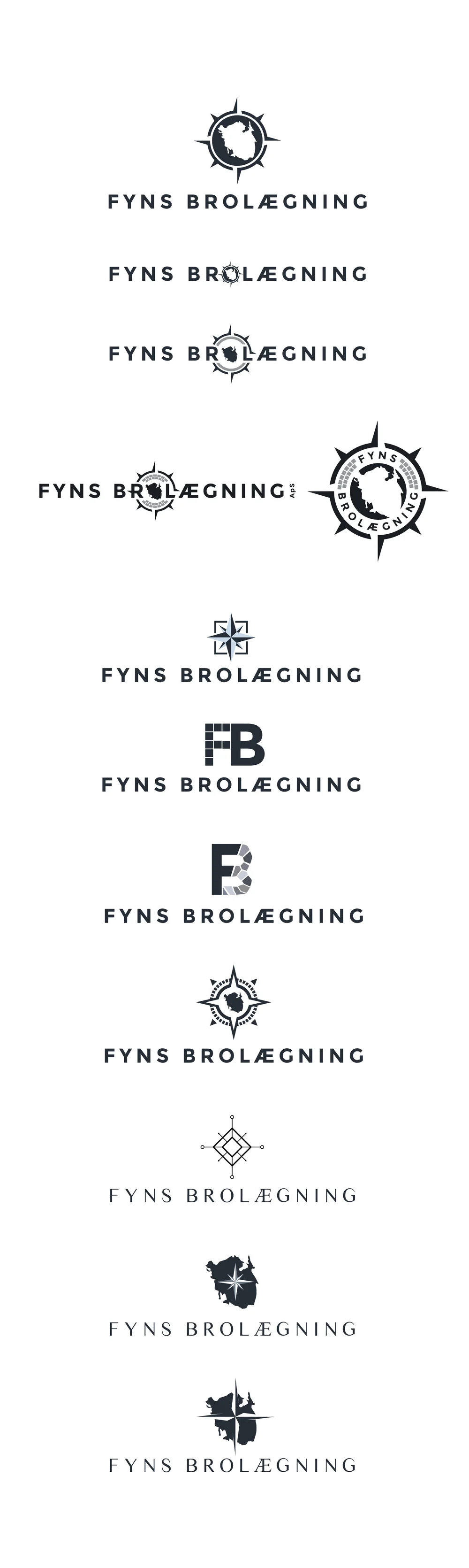 Tall sheet of logo lockups pairing different emblems with a heavy and a thin typeface
