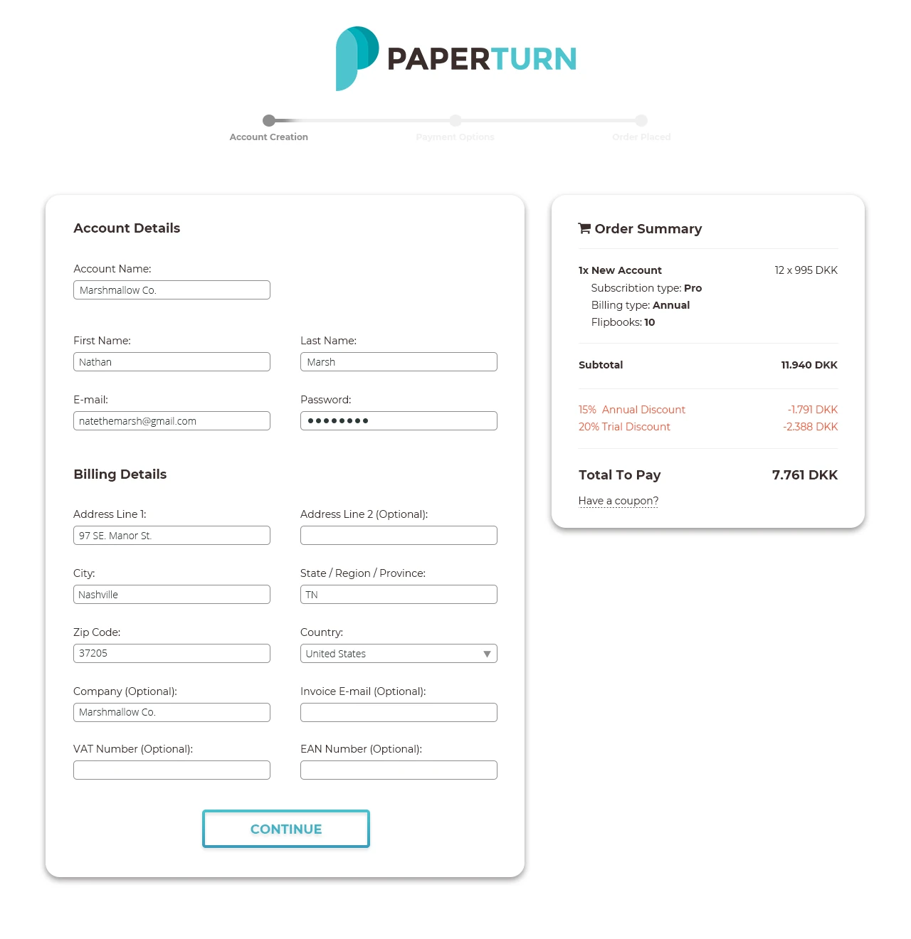 Checkout step 1: account and billing form with order summary