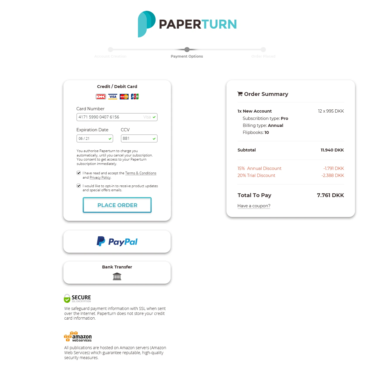 Checkout step 2: the card form open above the PayPal and bank transfer options, with security notes and a place order button