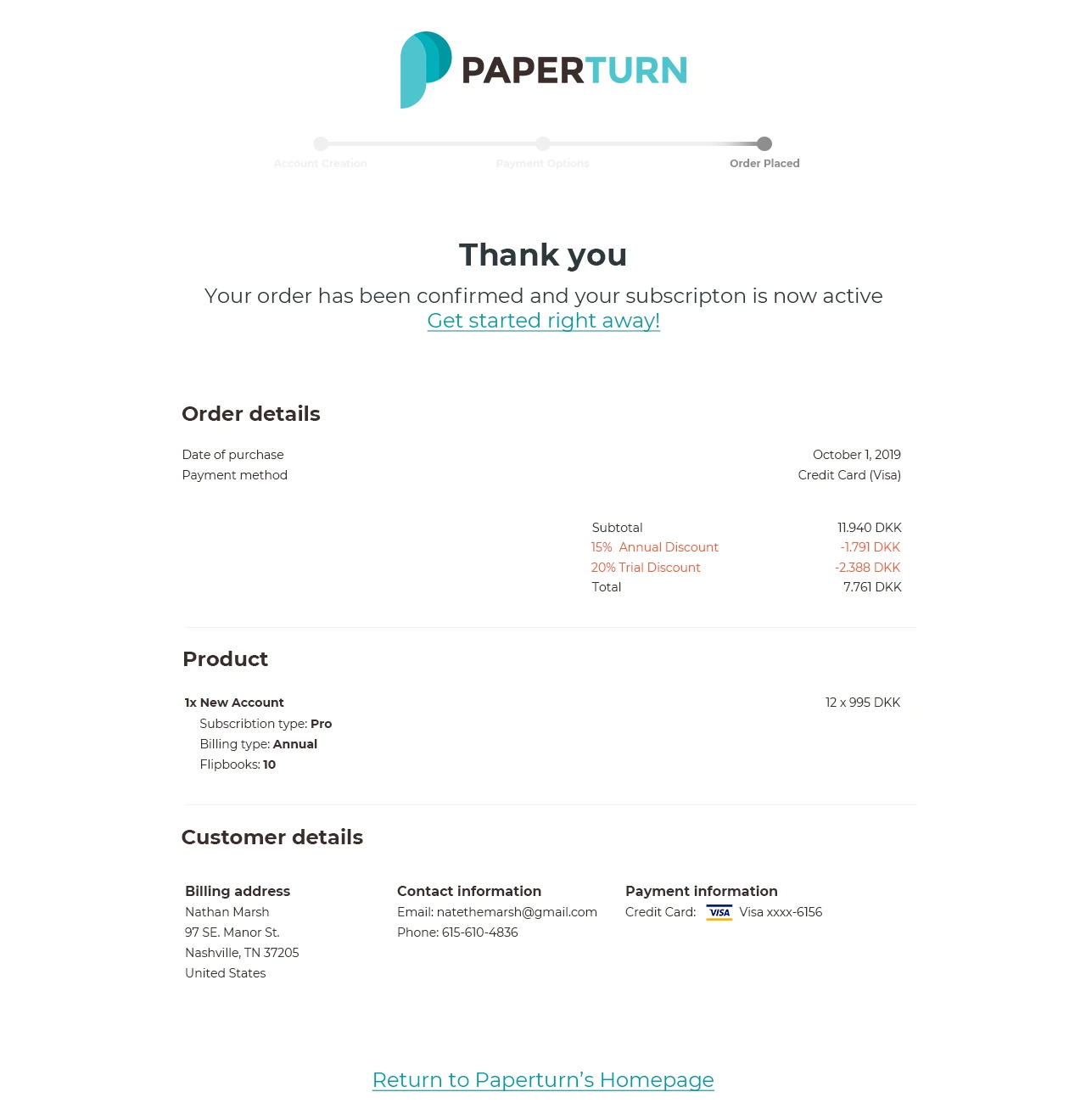 Checkout step 3: thank-you message with order and customer details