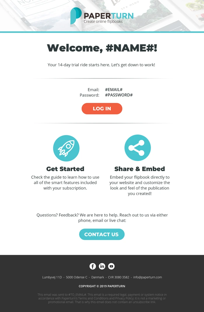First draft of the welcome email with two feature icons and several buttons