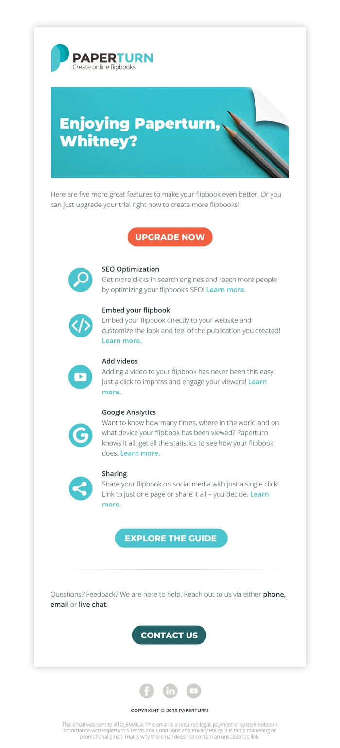 Follow-up email asking Enjoying Paperturn, with an upgrade button and a list of features