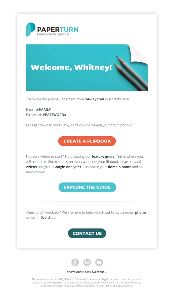 Final welcome email with a teal header, login details and a Create a flipbook button
