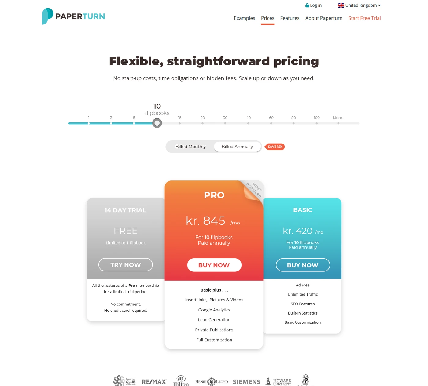 The redesigned Paperturn pricing page with a flipbook slider, a monthly/annual toggle and three plan cards