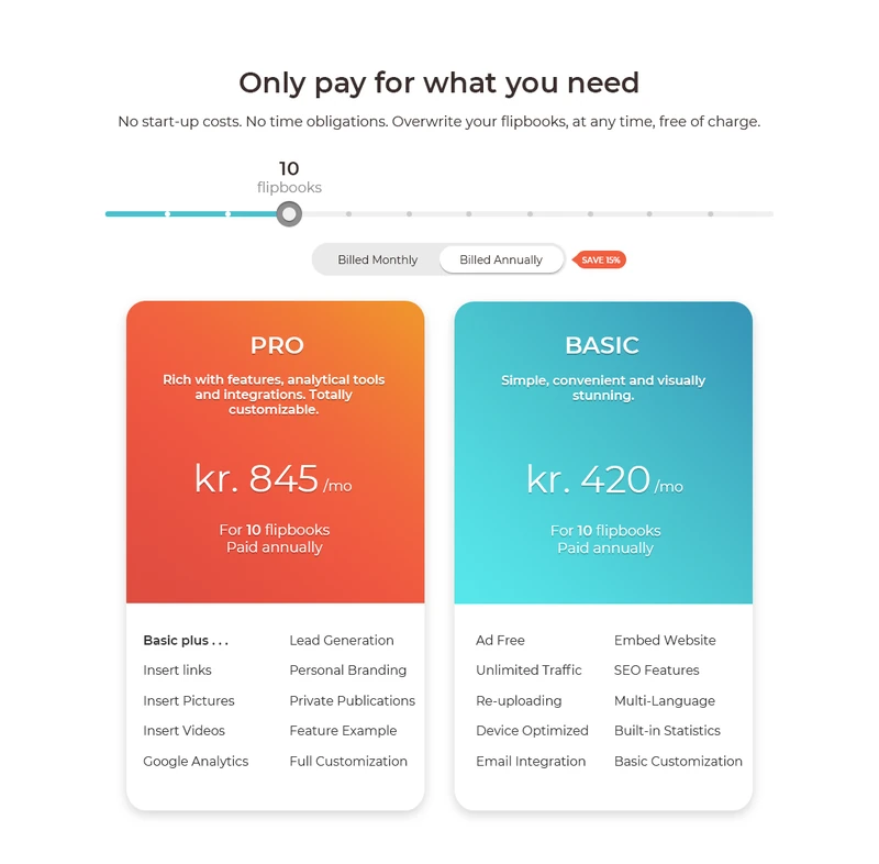 First version: slider and two plan cards, Pro and Basic