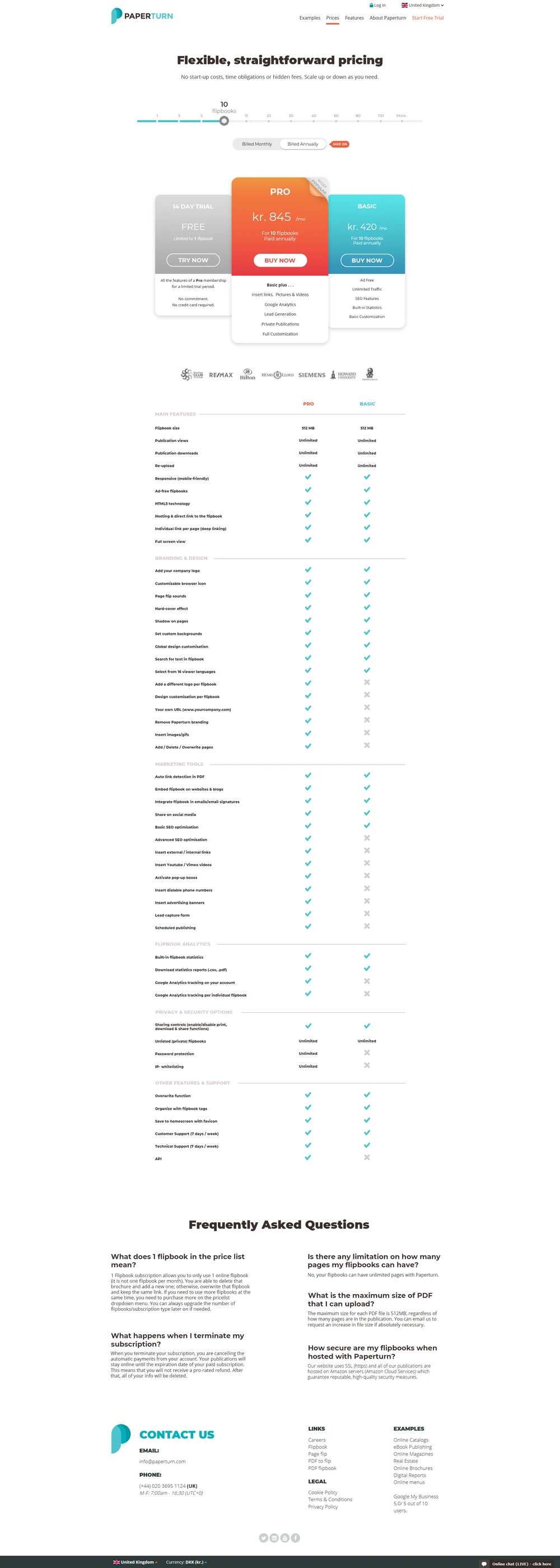 The full final pricing page: plans, client logos, feature comparison table and FAQ