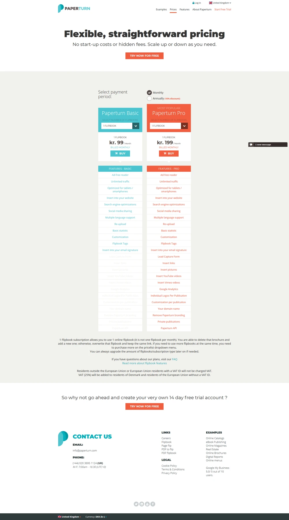The old Paperturn pricing page with two coloured plan boxes, dropdowns and long feature lists