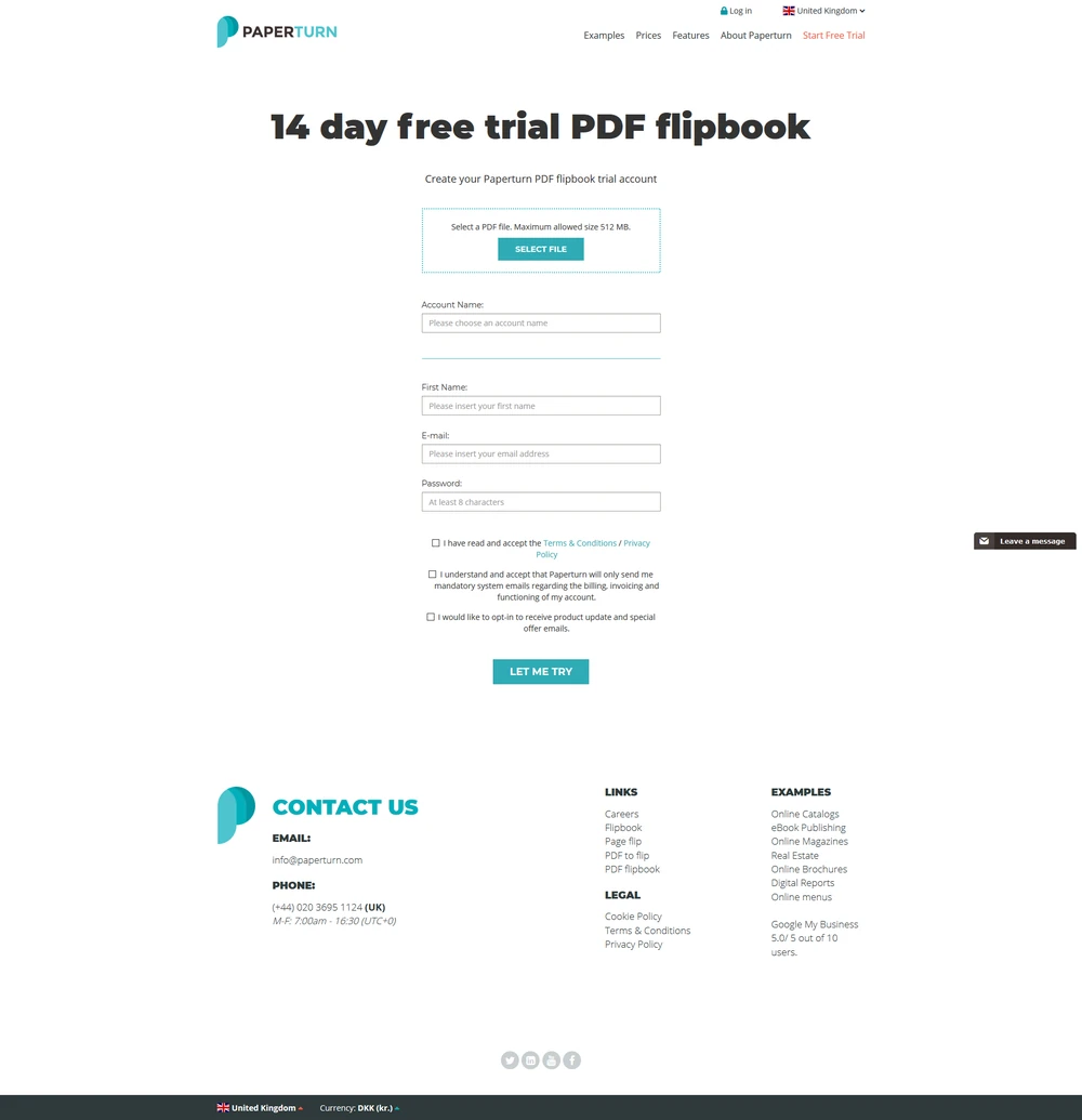 The old trial sign-up page: a single column of form fields